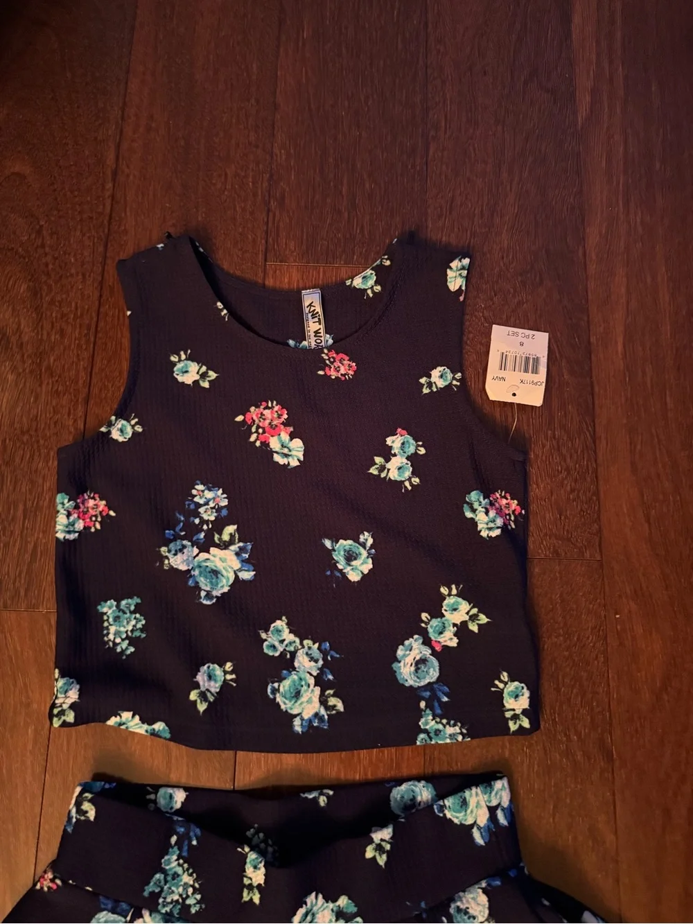 Knitworks Black Floral Girls Matching Crop Top and Skirt Set